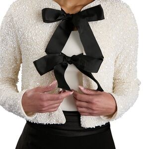 Entro Cream Sequin Blazer with Black Bow Details